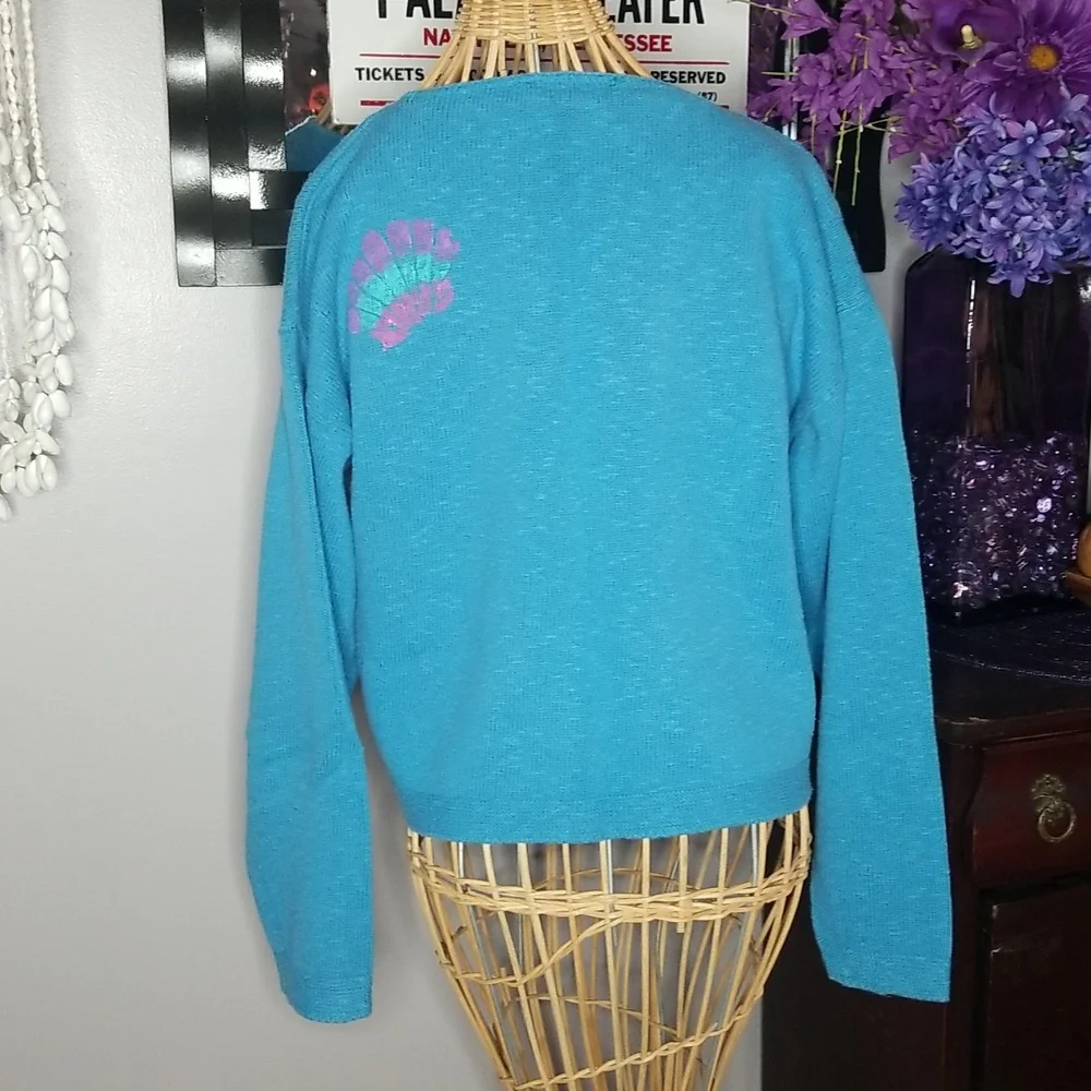 Large Aqua Blue Handpainted Fish Long Sleeve Light Knit Cotton Sweater - Picture 3 of 9